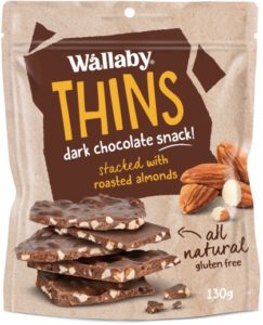Wallaby Thins Dark Chocolate Snack With Roasted Almonds G F 130g